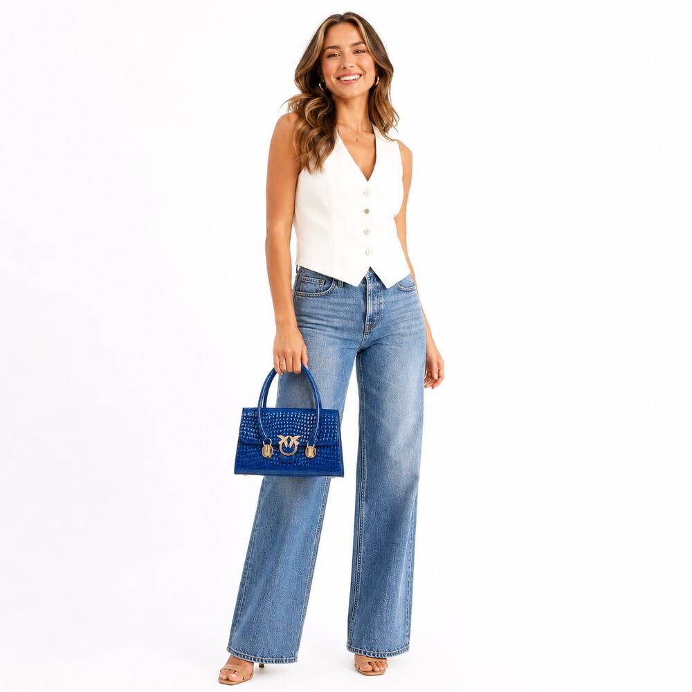 Croc Embossed Satchel HandBag Shoulder Bag Blue Patent Leather Wedding Party